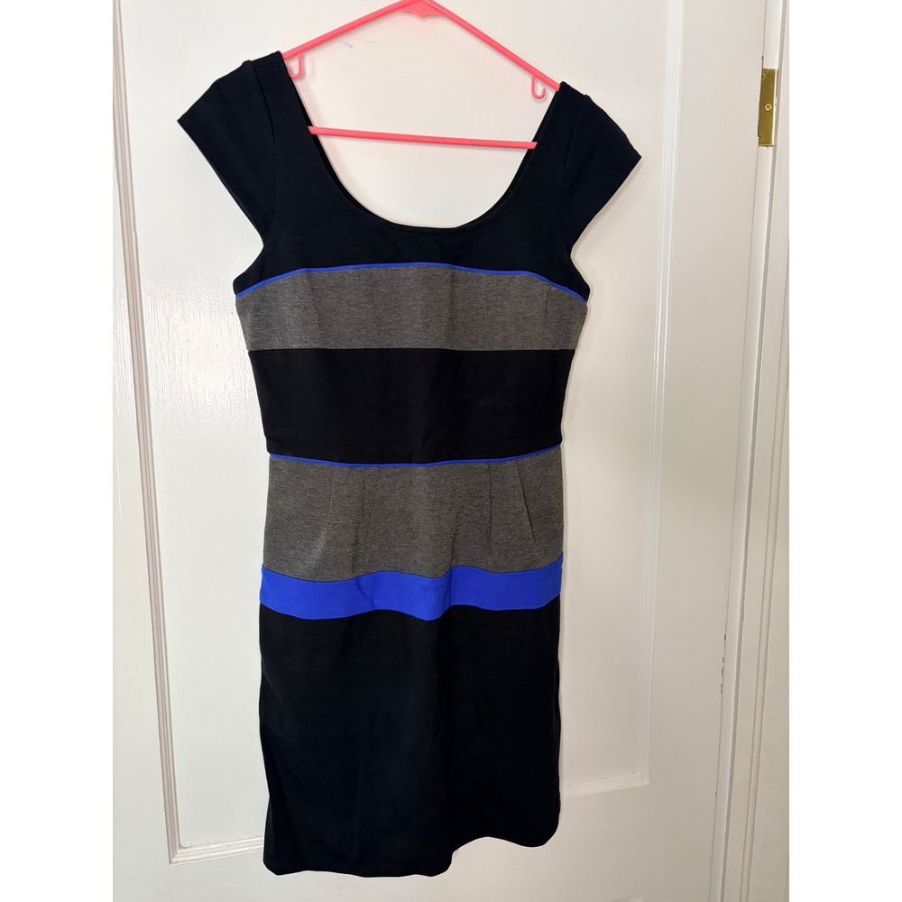 BCBGMAXAZRIA‎ Womens Colorblock Sheath Dress Black Grey Blue Cap Sleeve Size 8